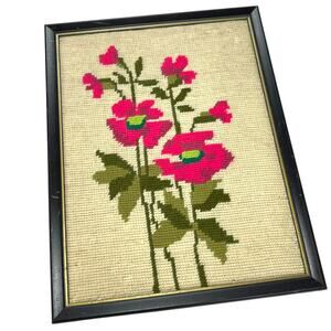 Vintage 1960s Needlepoint Floral Wall Art Pink Flowers Framed Handmade